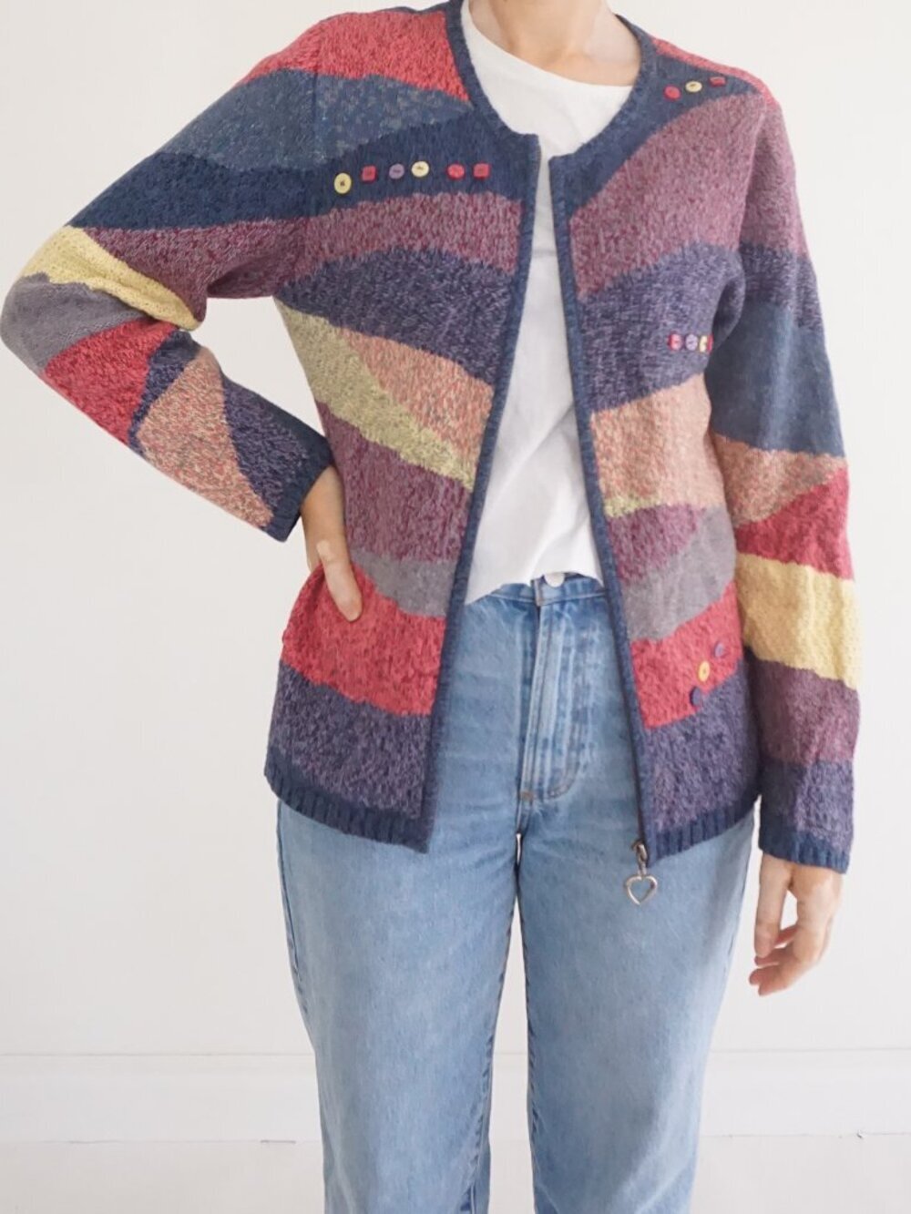 Christopher Banks Multicolor Striped Textured Heart Buttons Zip Knit Cardigan M